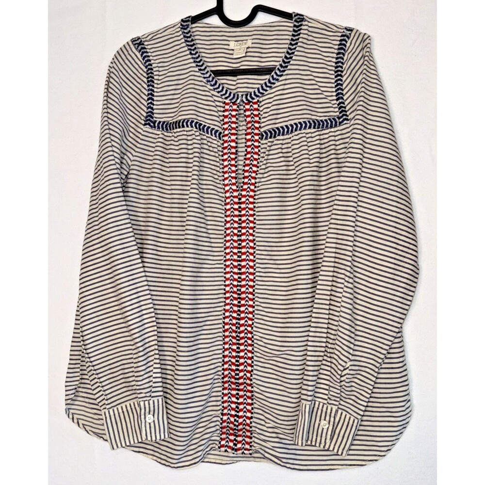 J Crew Blue Striped w/Embroidered Long Sleeve Top Size Small Cotton Peasant Boho